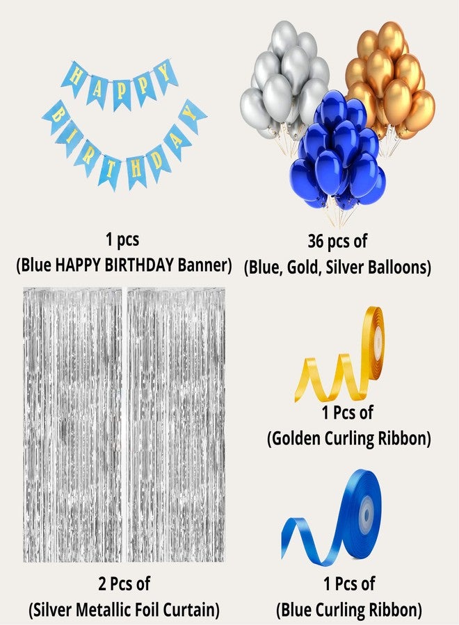 Flyloons Blue Gold Silver Theme Happy Birthday Decorations for Boys Husband,41pcs Birthday Decoration items for Birthday Party, Silver Foil Curtain, Balloons, Curling Birthday Decoration kit Combo - Image 2